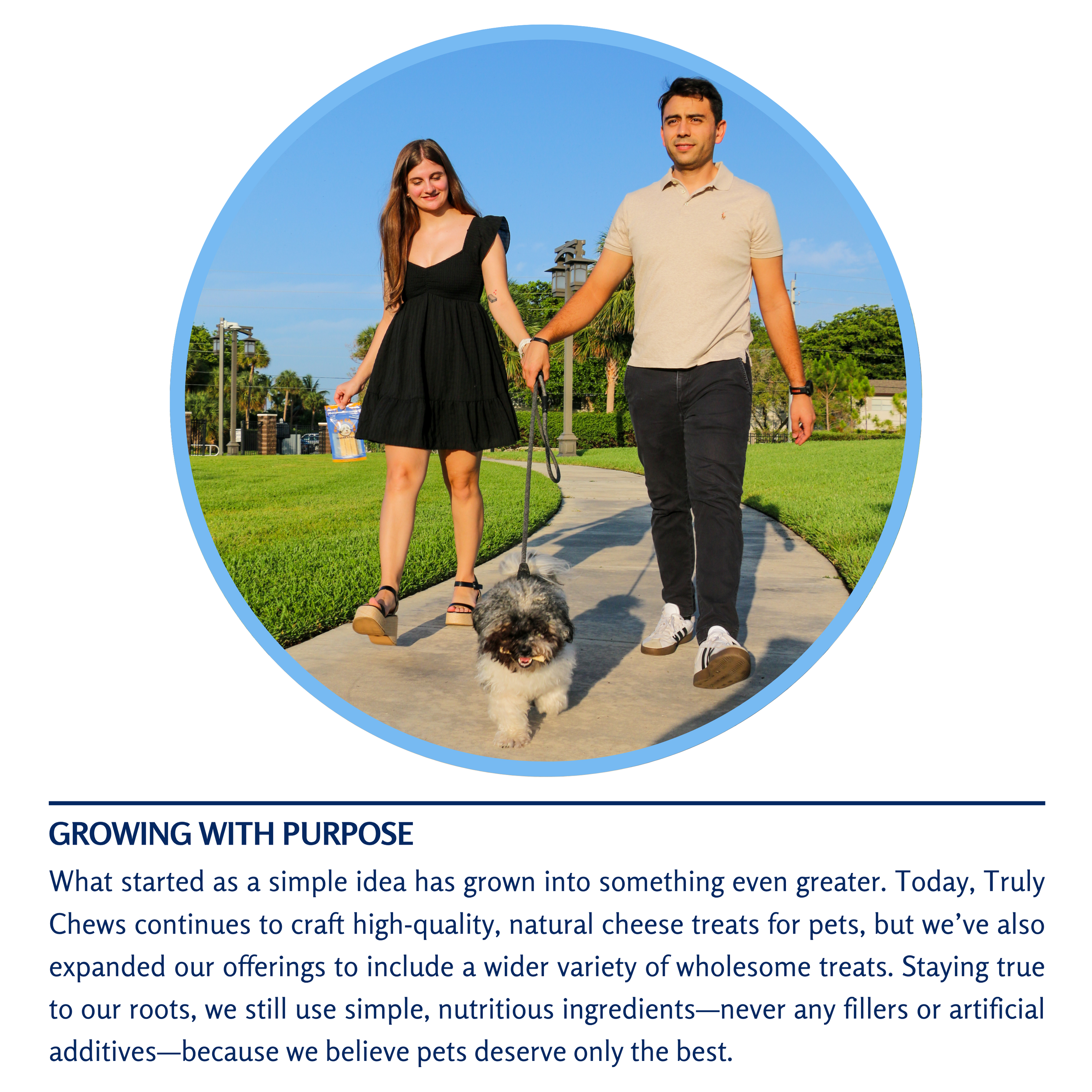Man and woman walking a dog on a path with text about Truly Chews pet treats.