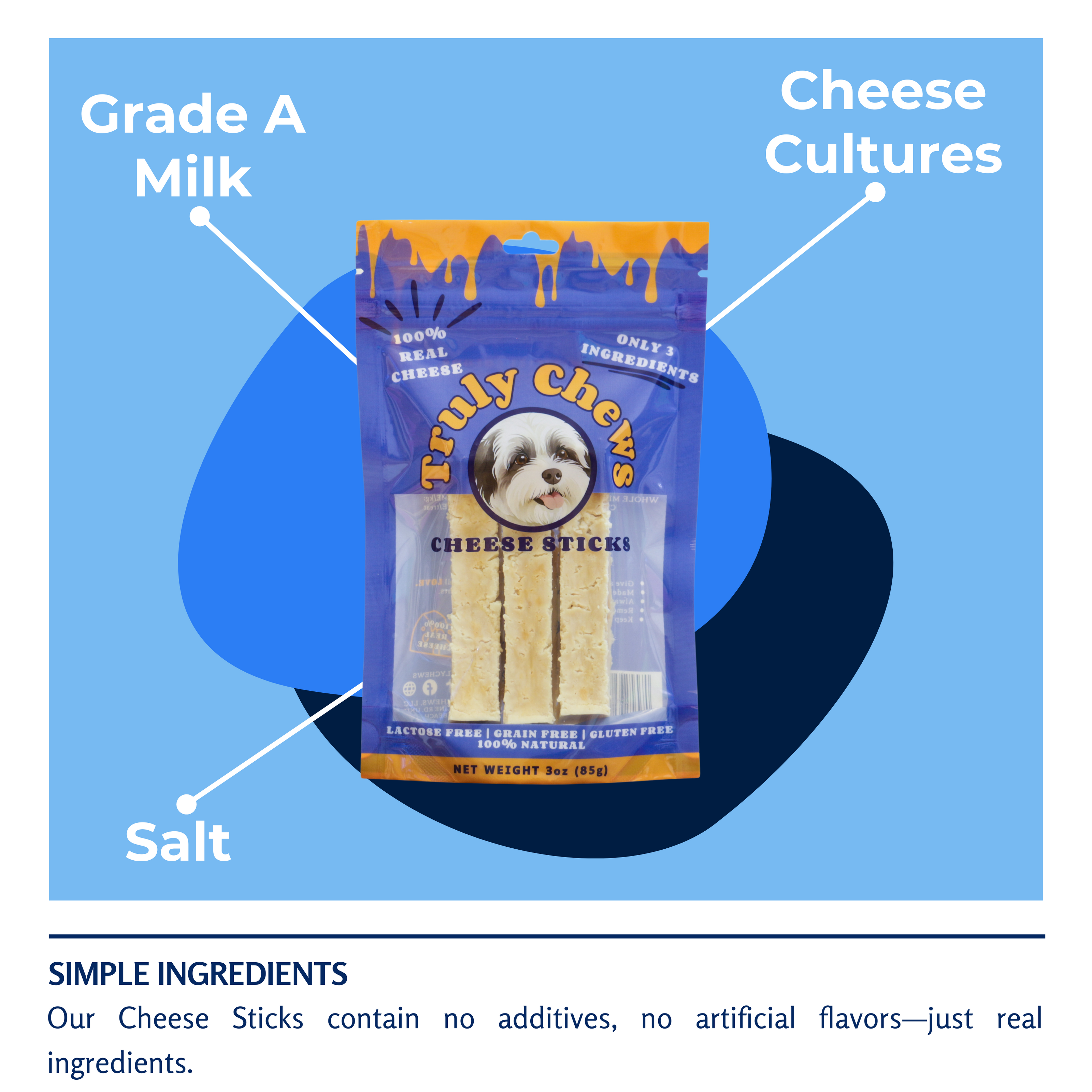 Truly Chews Cheese Sticks packaging with labeled ingredients on a blue background